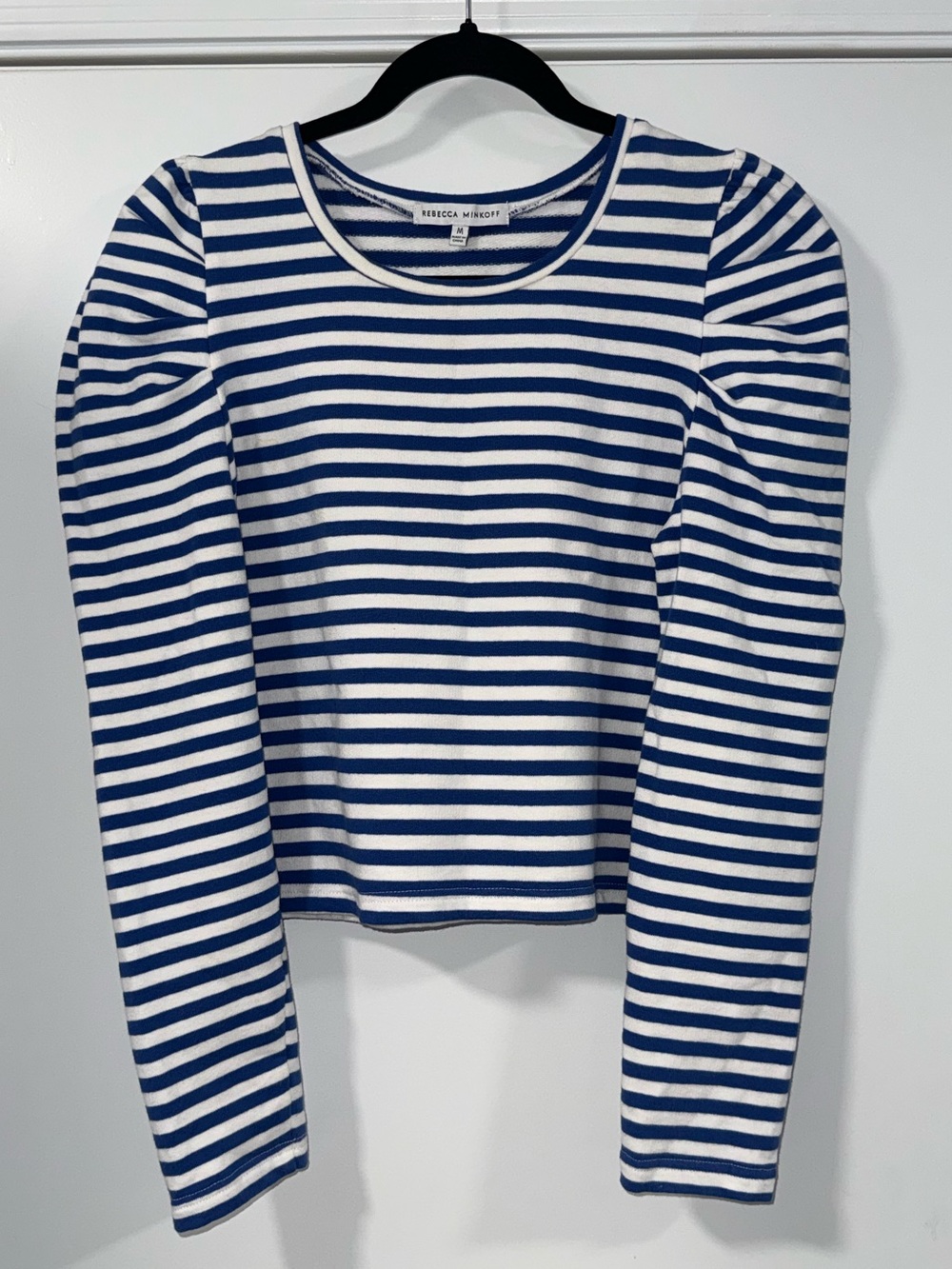 Rebecca Minkoff Talia Cropped Sweatshirt M Blue White Stripe Puff Sleeve Top